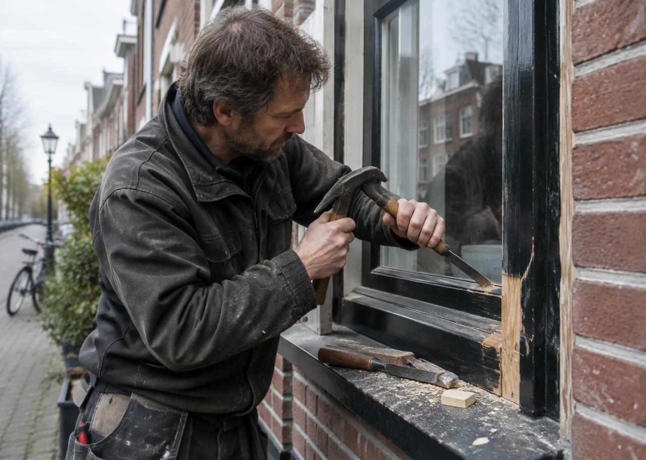 Vakman herstelt een houten kozijn