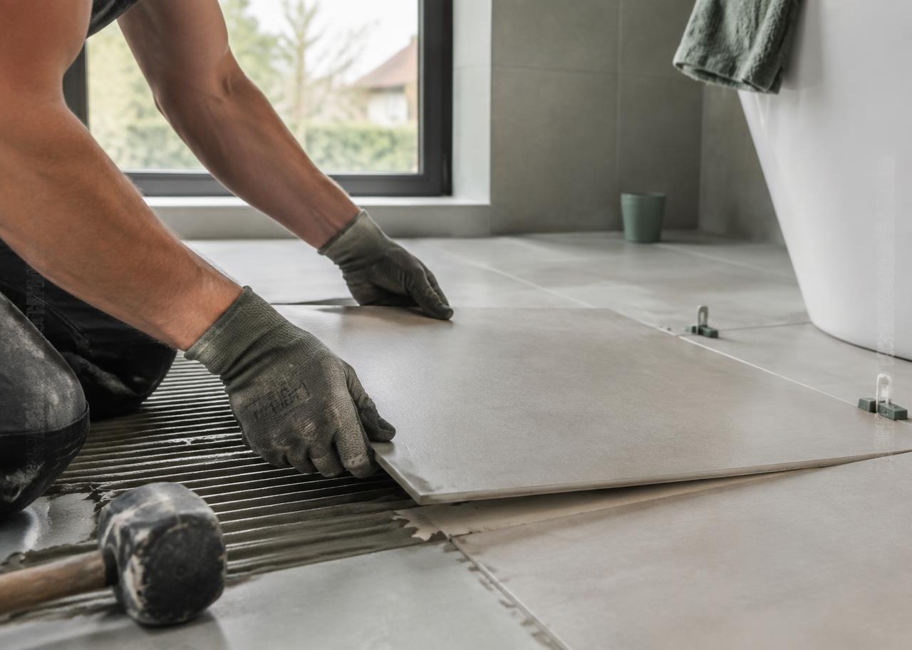 Vakman legt tegels in een badkamer